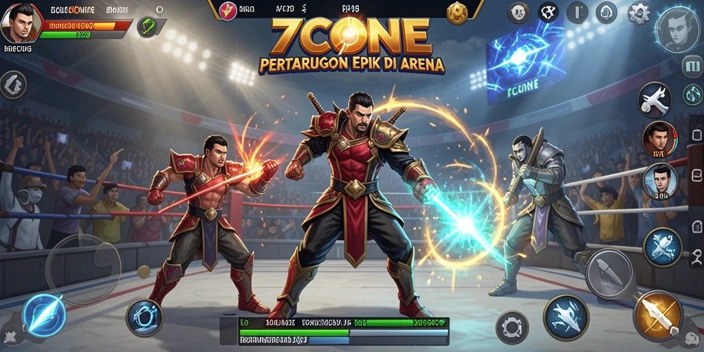 Tangkapan layar gameplay <strong>7CONE</strong> menunjukkan pertarungan epik antara karakter dalam arena.