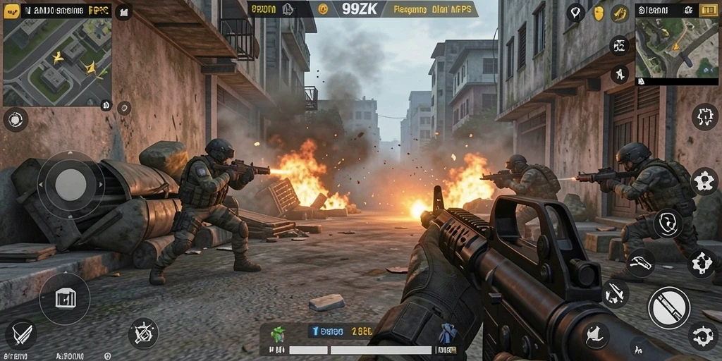 Screenshot menampilkan aksi intens dalam gameplay FPS 99ZK.