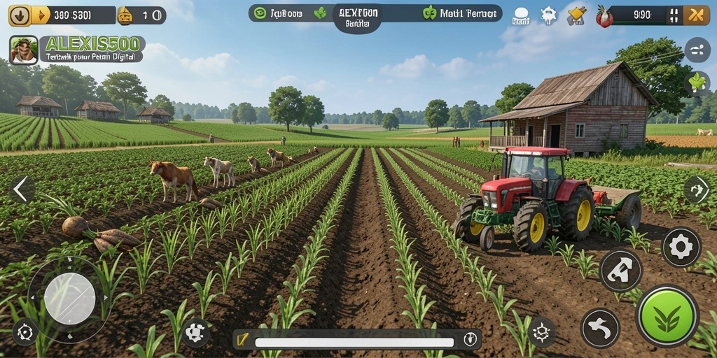 Tampilan gameplay ALEXIS500 saat bertani di ladang virtual.