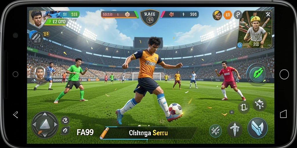Screenshot utama FA99 menampilkan aksi permainan olahraga yang seru.