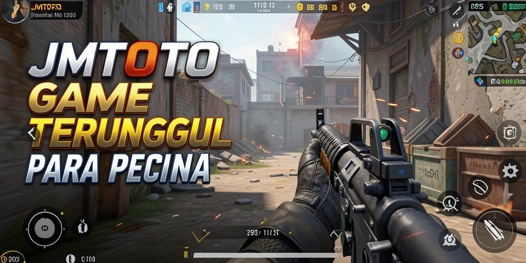 Screenshot utama JMTOTO menampilkan aksi seru dalam mode FPS.