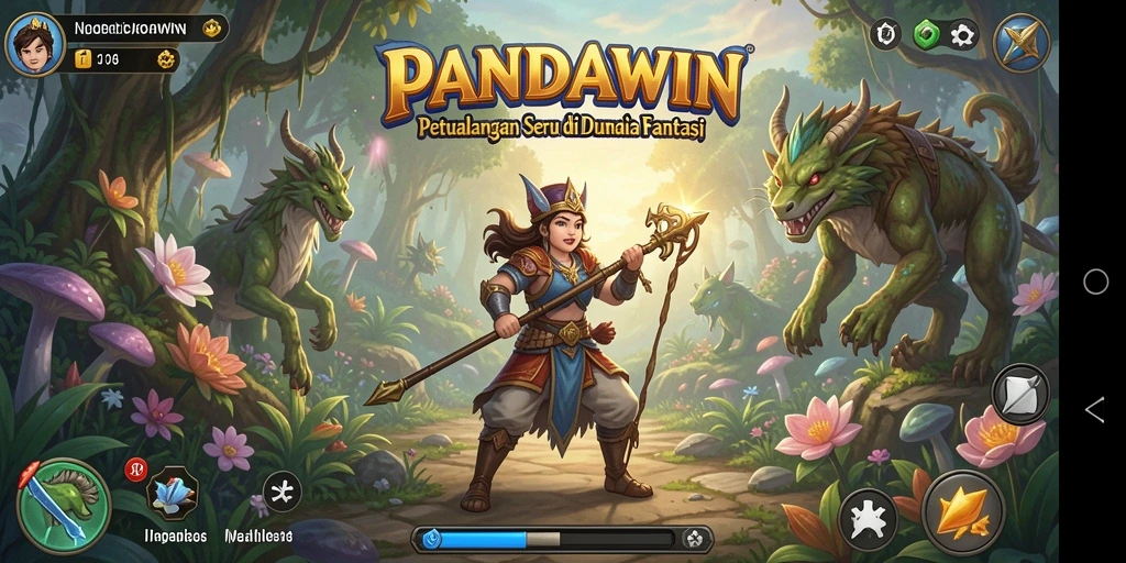 Screenshot PANDAWIN menampilkan karakter dalam petualangan seru di hutan fantastis.