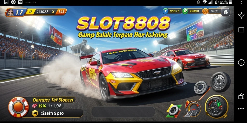 Gameplay Racing SLOT8808 dengan mobil balap yang cepat dan lintasan yang menantang.